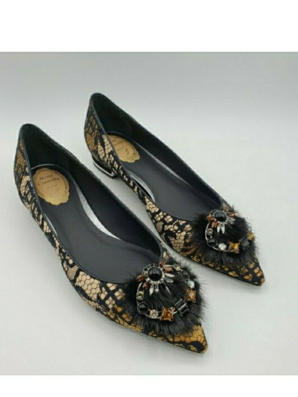 Rene Caovilla Ballet Flats Lace Mink Stones